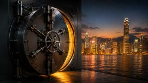 Hong Kong gold storage — vault door with warm gold interior light open to Victoria Harbour skyline at dusk, representing GoldSilver's allocated precious metals storage adjacent to Hong Kong International Airport.