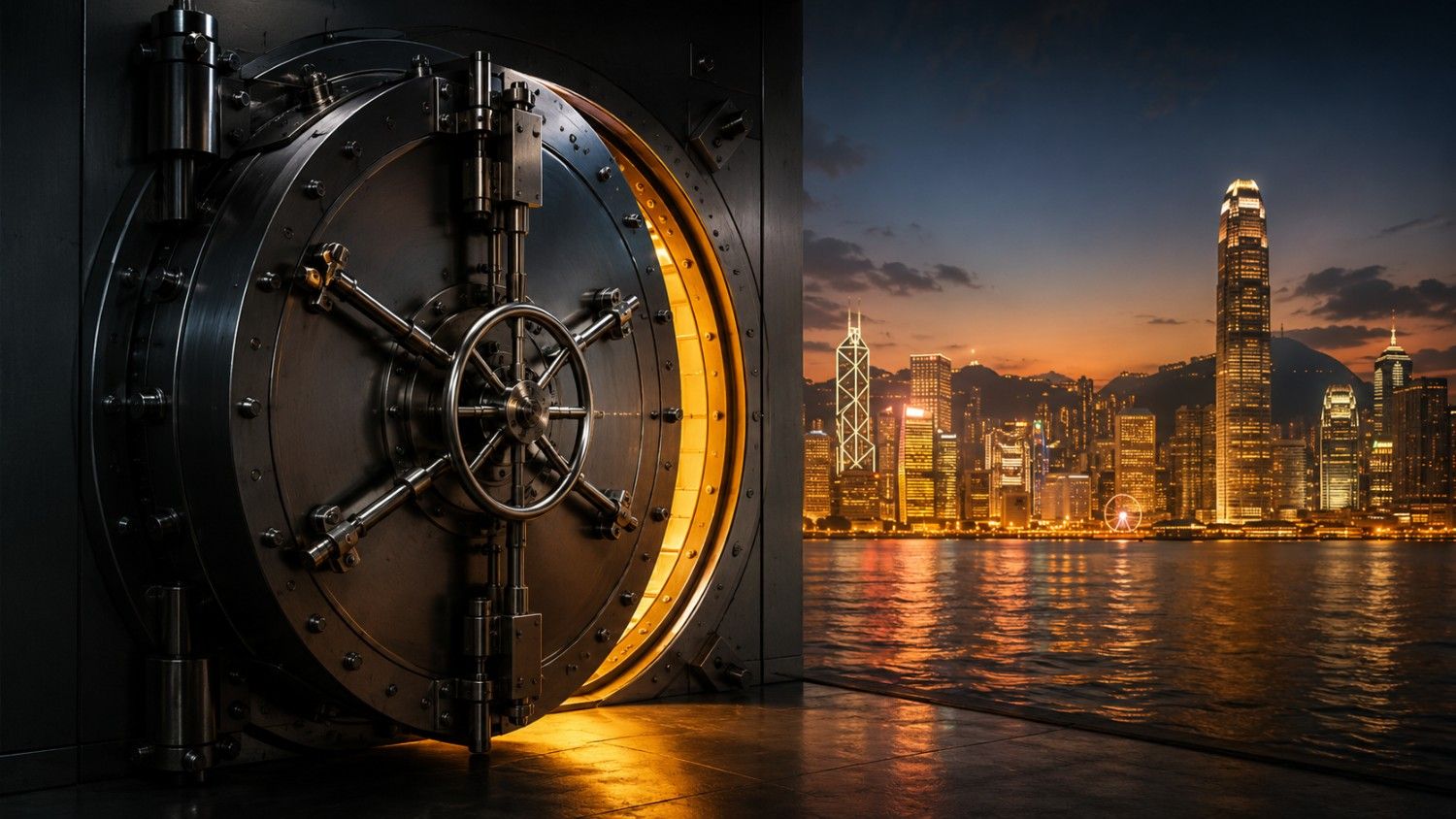 Hong Kong gold storage — vault door with warm gold interior light open to Victoria Harbour skyline at dusk, representing GoldSilver's allocated precious metals storage adjacent to Hong Kong International Airport.