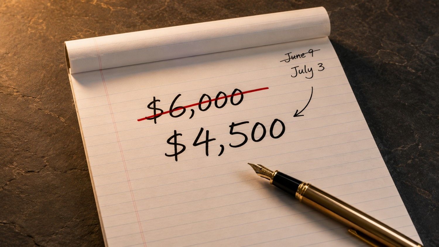 JPMorgan gold forecast 2026: analyst notepad showing $6,000 struck through in red and revised down to $4,500, with dates June 9 crossed out and July 3 marked by an arrow