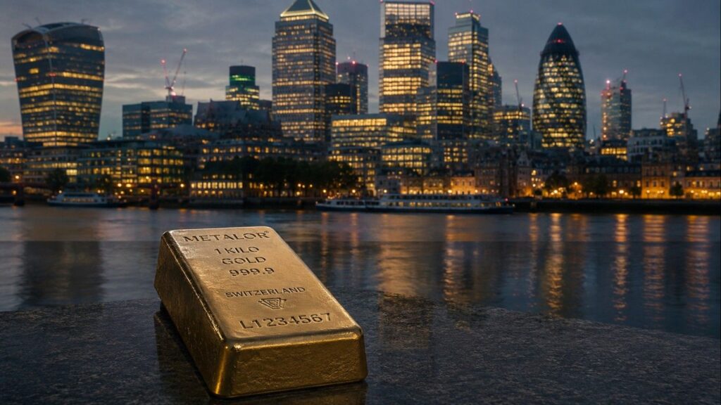 London gold market clearing — a Metalor 1kg gold bar with the City of London skyline reflected in the Thames at dusk