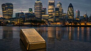 London gold market clearing — a Metalor 1kg gold bar with the City of London skyline reflected in the Thames at dusk