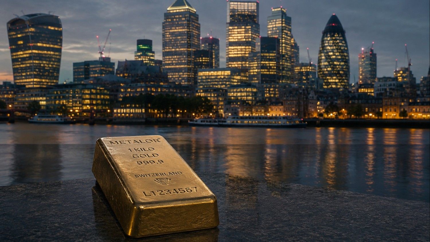 London gold market clearing — a Metalor 1kg gold bar with the City of London skyline reflected in the Thames at dusk