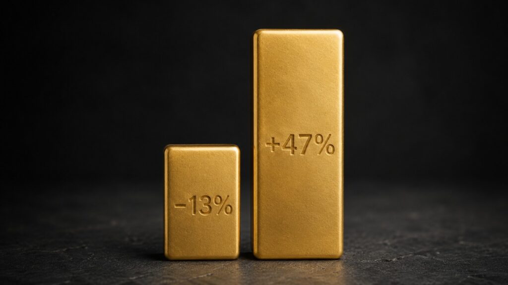 Two gold bars of different heights showing Newmont Q2 earnings growth of positive 47 percent against a gold price decline of negative 13 percent, illustrating gold miner operating leverage