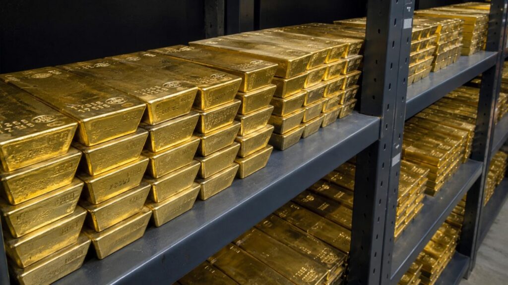 Gold bullion bars stacked on vault shelves, representing PBoC gold reserves June 2026 — China's 20th consecutive month of central bank purchases.