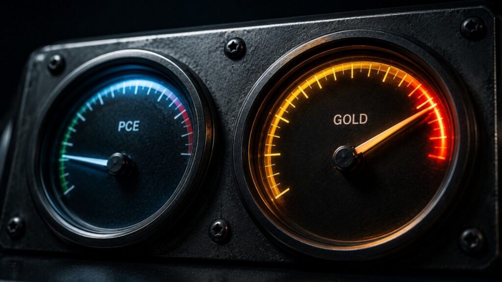 Two analog instrument gauges mounted side by side on a dark gunmetal panel. The left gauge labeled PCE has its needle resting low in the green zone with a cool blue glow, indicating falling inflation. The right gauge labeled GOLD has its needle swung sharply into the red zone with a warm amber-gold glow, indicating rising price. Featured image for article on PCE drop and gold price reaction, July 2026.