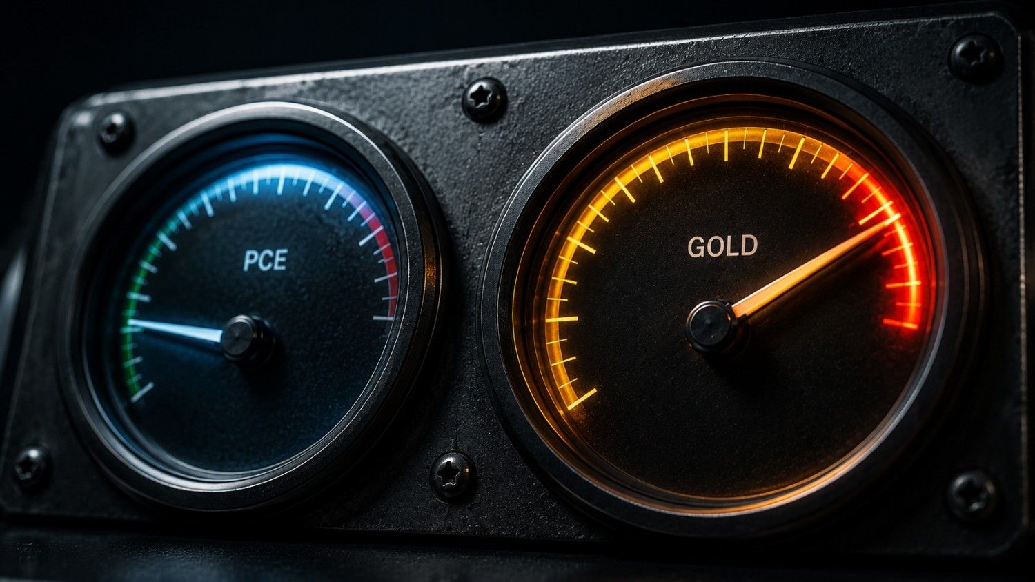 Two analog instrument gauges mounted side by side on a dark gunmetal panel. The left gauge labeled PCE has its needle resting low in the green zone with a cool blue glow, indicating falling inflation. The right gauge labeled GOLD has its needle swung sharply into the red zone with a warm amber-gold glow, indicating rising price. Featured image for article on PCE drop and gold price reaction, July 2026.