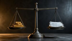 A brass balance scale with gold bars on the left pan outweighing papers labeled Rate Hike, ETF Outflows, and Dollar on the right — illustrating State Street's gold forecast that structural tailwinds outweigh tactical headwinds heading into 2027.