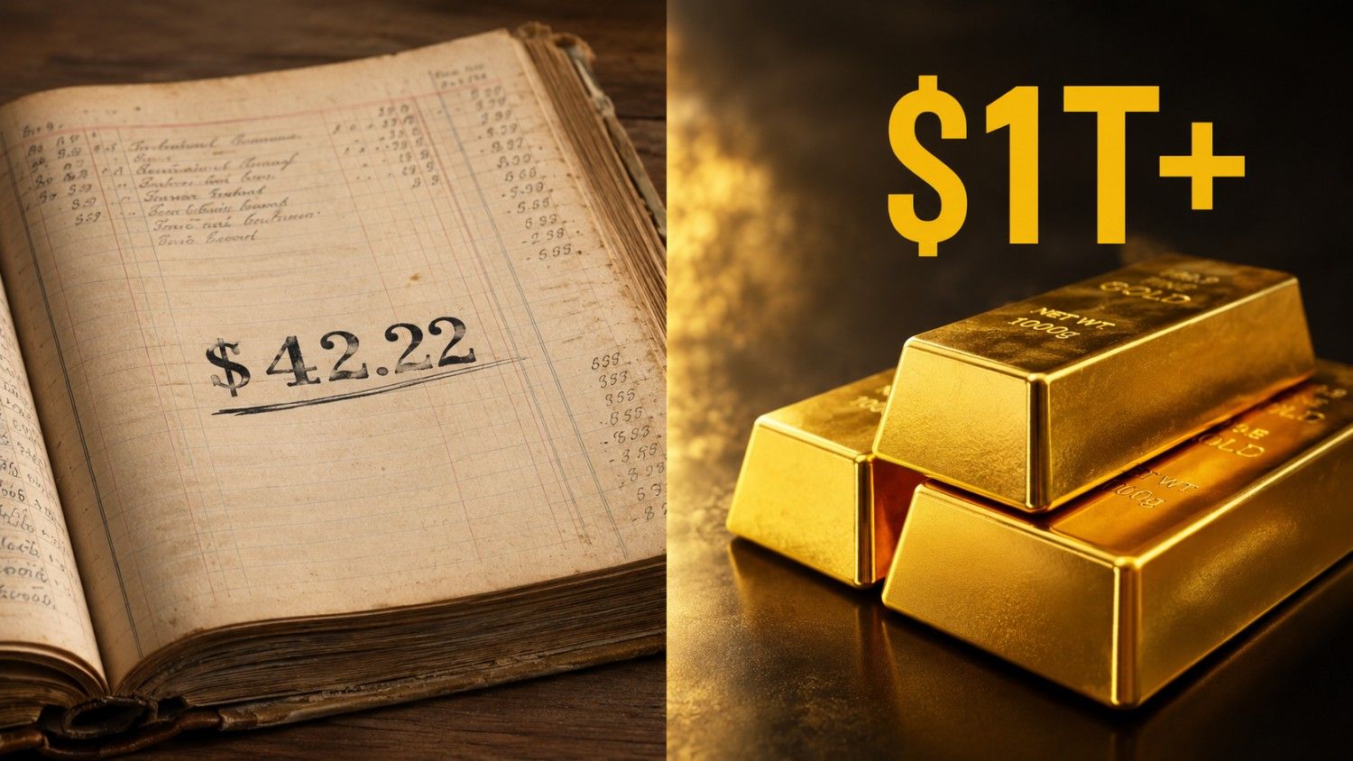 US gold reserves value: antique government ledger showing $42.22 per ounce statutory price alongside stacked gold bars worth over $1 trillion at today's market price