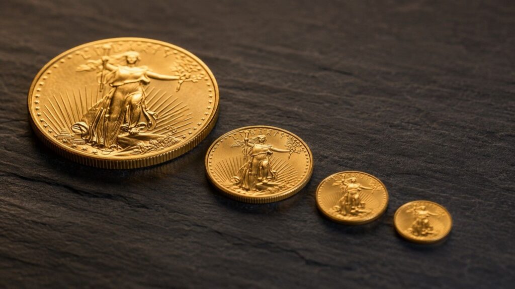 American Gold Eagle coins in all four sizes — 1 oz, 1/2 oz, 1/4 oz, and 1/10 oz — arranged on a dark slate surface showing the Saint-Gaudens Liberty obverse design