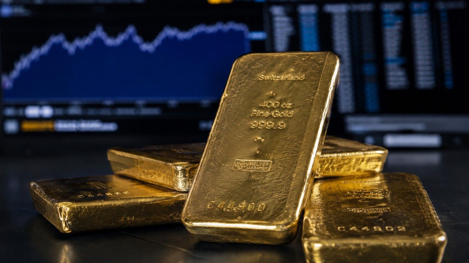 Stack of 400 oz fine gold bullion bars with serial numbers, set against a blurred financial trading screen — illustrating the Bank of America gold forecast 2026 revision and its implications for gold prices.