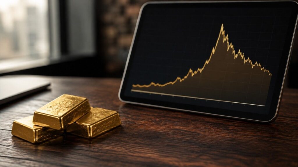Gold bars beside a tablet showing a price spike and correction chart — a guide for investors who bought gold at the top