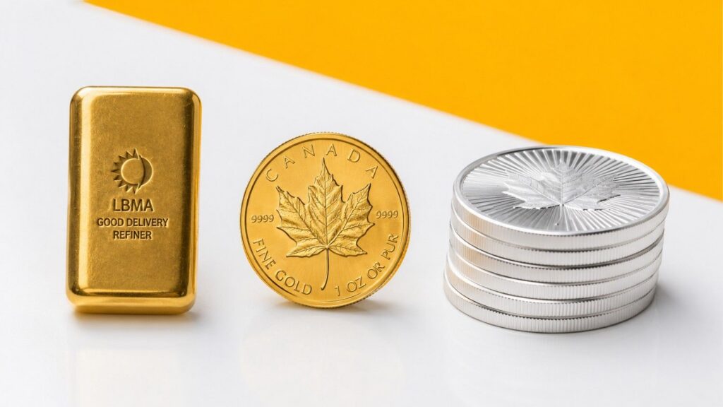 Gold LBMA bar, Canadian Gold Maple Leaf coin, and silver coins arranged for buying precious metals dip — the three main bullion formats compared by premium and liquidity