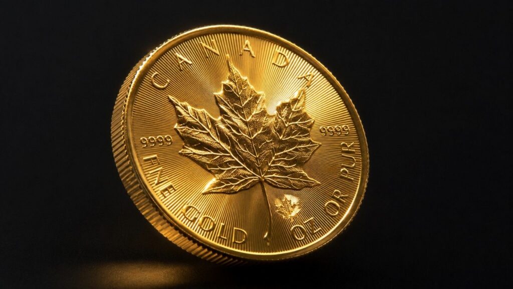 Canadian Gold Maple Leaf 1 oz bullion coin angled to show radial line security features and 9999 fine gold purity inscription on near-black background