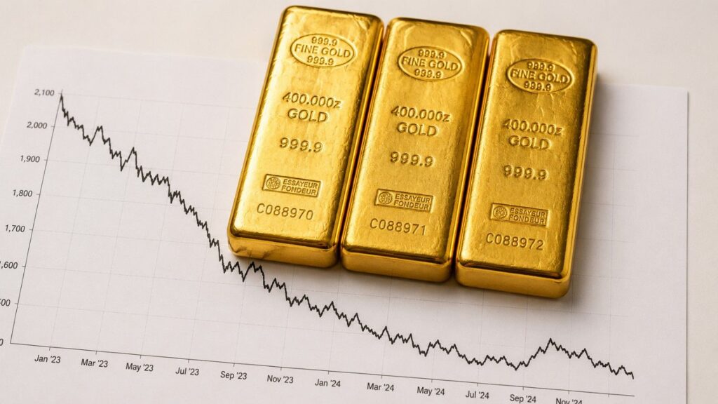 Three 400-troy-ounce Fine Gold 999.9 bullion bars resting on a declining price chart, illustrating central bank gold buying Q2 2026 into a period of falling gold prices.