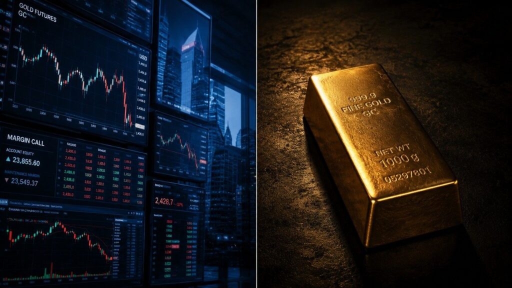 Split image contrasting gold futures trading screens showing a margin call with a physical 999.9 fine gold bar — illustrating why China's paper gold trading shutdown shifts price discovery toward physical demand.