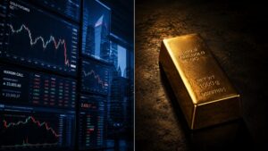 Split image contrasting gold futures trading screens showing a margin call with a physical 999.9 fine gold bar — illustrating why China's paper gold trading shutdown shifts price discovery toward physical demand.