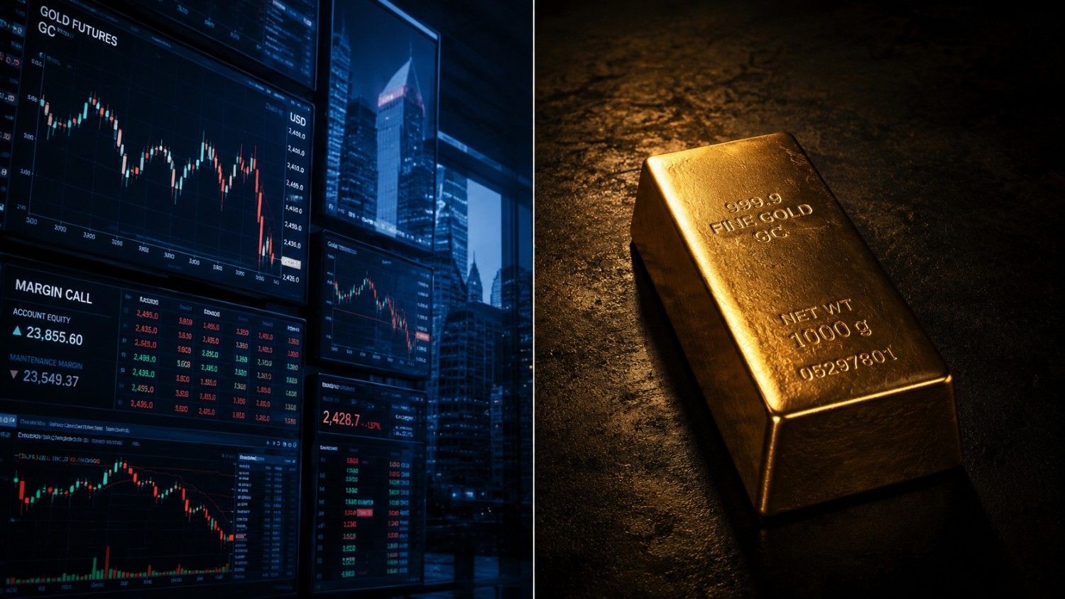 Split image contrasting gold futures trading screens showing a margin call with a physical 999.9 fine gold bar — illustrating why China's paper gold trading shutdown shifts price discovery toward physical demand.