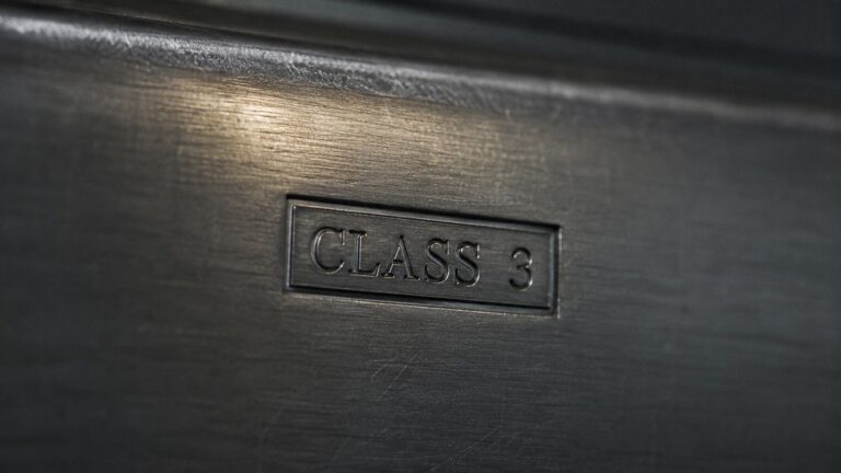 Class 3 vault door with embossed certification stamp — the highest commercial vault rating under UL Standard 608