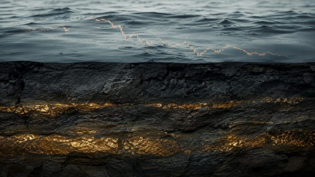 Turbulent water surface with a faint price chart reflection above a cross-section of bedrock with gold veins — consumer confidence gold 2026