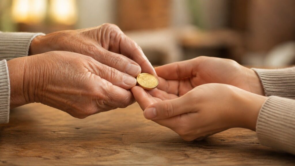 Two hands passing a gold coin between generations, representing a generational wealth gold transfer strategy.