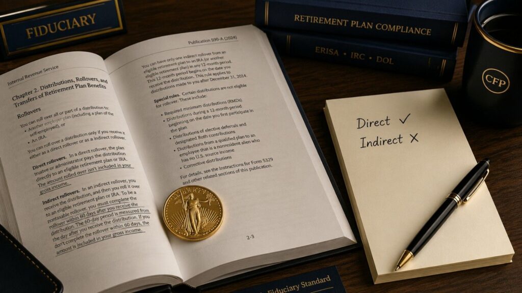 Gold IRA rollover guide open to IRS Publication 590-A rollover rules, with an American Gold Eagle coin and a notepad showing Direct checkmark and Indirect crossed out