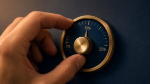 Gold allocation calculator dial showing 5% to 25% range with pointer set at 15%, representing how much gold to own in a portfolio