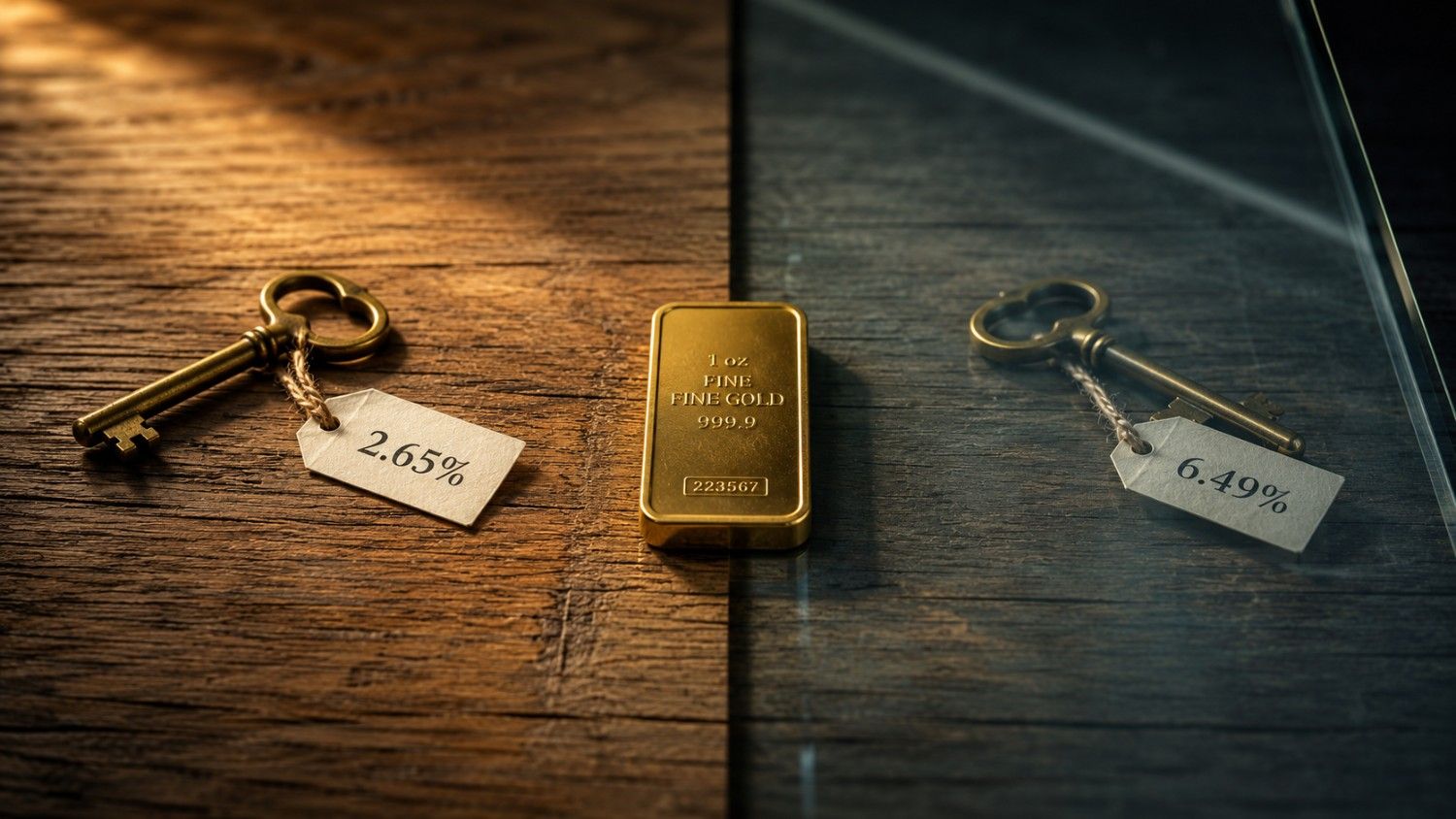 Two vintage house keys on a split wooden surface — left key tagged 2.65% in warm light, right key tagged 6.49% behind glass in cool shadow, with a 1oz fine gold bar centered between them — illustrating gold and Fed policy's generational divide in housing affordability