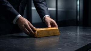 Gold demand China India 2026 — suited hands placing a gold bullion bar with deliberate precision on a dark slate surface, symbolising sovereign central bank accumulation