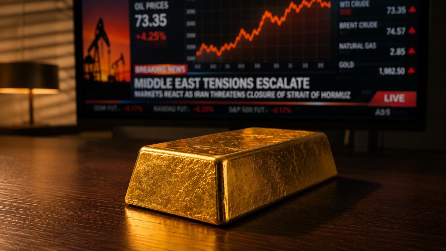 Gold bar rests undisturbed on a desk as a financial news screen shows oil prices surging on Middle East tensions — illustrating why gold geopolitical risk doesn't always push prices higher.