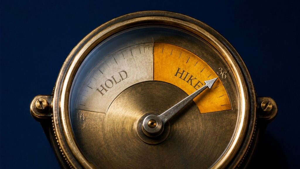 Vintage brass pressure gauge with needle pointing into the gold HIKE zone at 36, away from the 16 mark in the gray HOLD zone — illustrating rising gold hike odds ahead of the July 29, 2026 Fed decision.