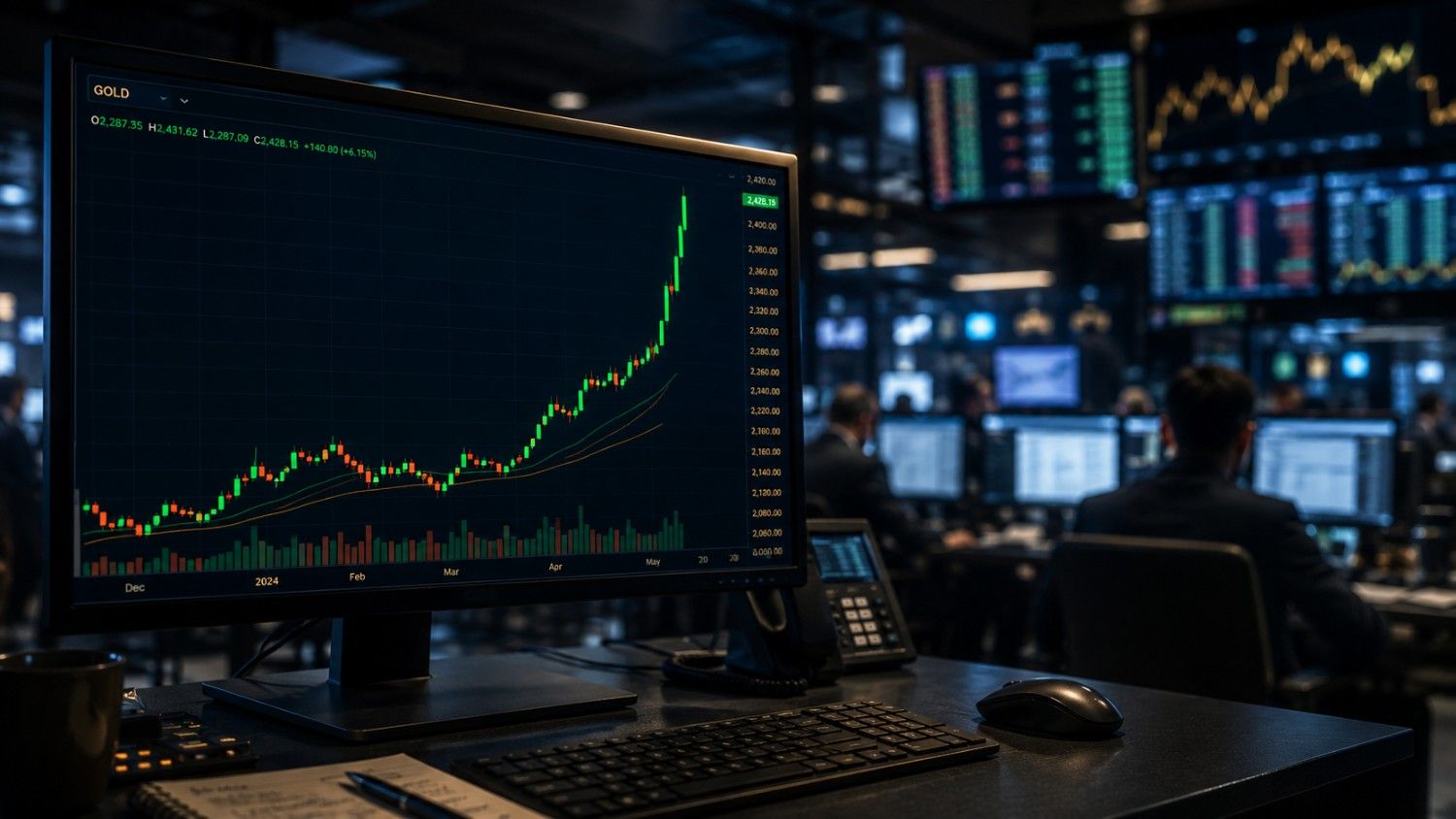 A trading floor monitor displays a gold price candlestick chart surging sharply upward, illustrating the gold jobs report reaction driving rate-hike bets to unwind across markets.