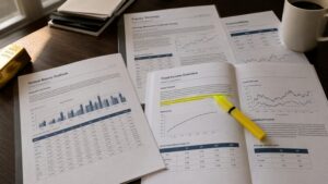 Printed institutional gold market research reports spread across a desk beside a small gold bar, representing major bank outlooks on the 2026 gold price.