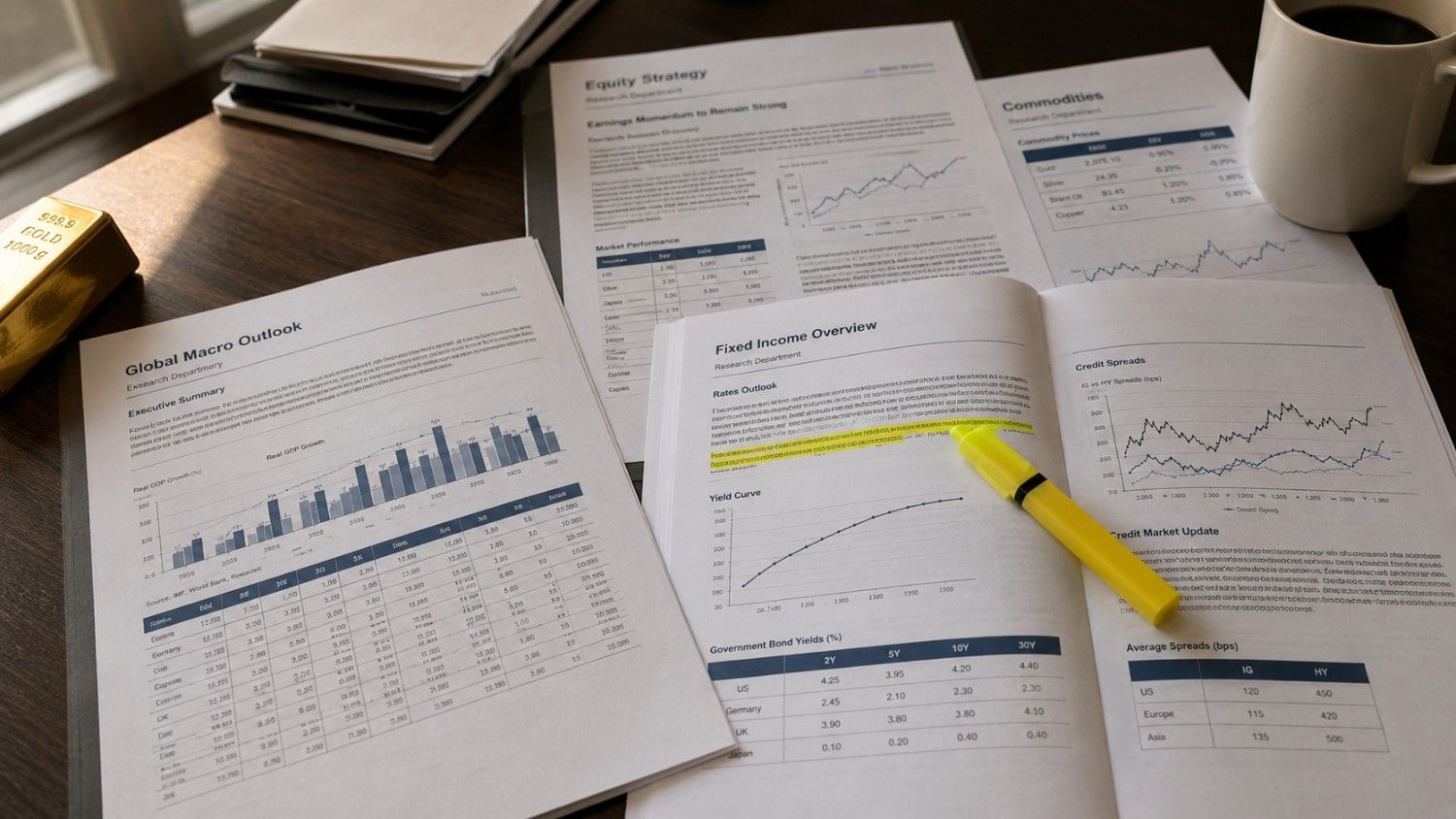 Printed institutional gold market research reports spread across a desk beside a small gold bar, representing major bank outlooks on the 2026 gold price.