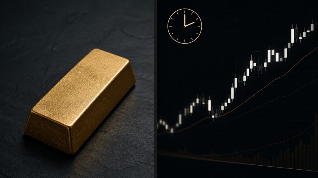 Gold bar on dark slate beside a 24/7 trading chart with clock — gold perpetual futures and CME round-the-clock gold trading