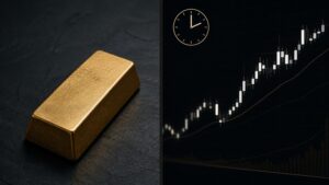 Gold bar on dark slate beside a 24/7 trading chart with clock — gold perpetual futures and CME round-the-clock gold trading