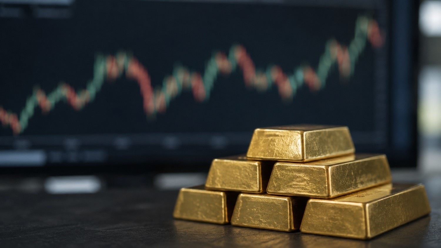 Stacked gold bars in front of a blurred candlestick chart, illustrating the gold price ADP report reaction