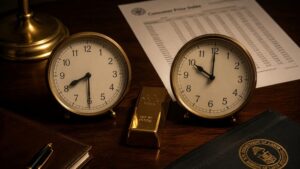 Two analog clocks showing 8:30 and 10:00 flank a gold bar on a dark wood desk, beside a Consumer Price Index report and a Department of Labor folder — the two times gold investors must watch on July 14 as June CPI and Fed Chair Warsh's testimony land within 90 minutes of each other