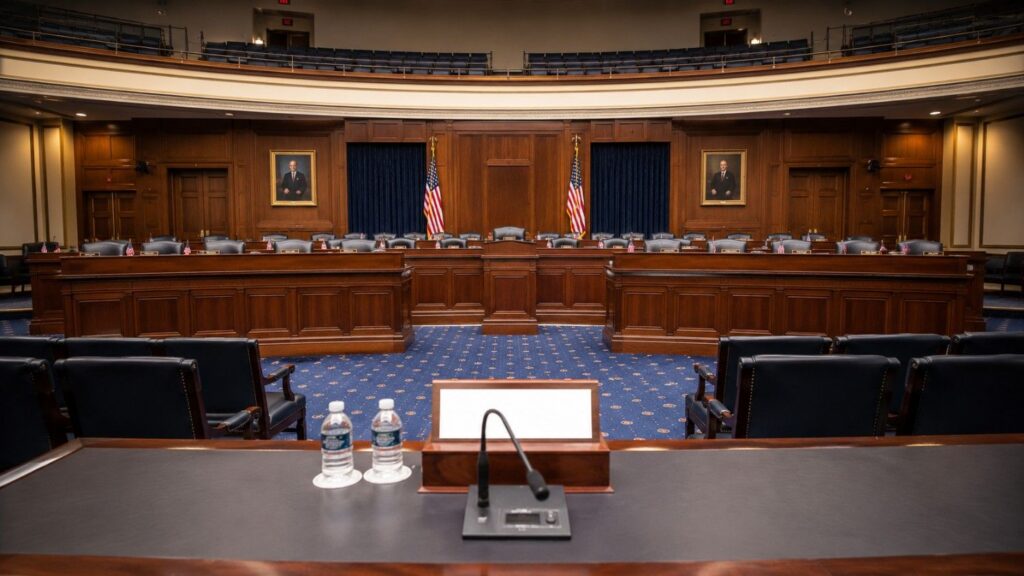 Empty congressional hearing room awaiting Fed Chair Warsh testimony on gold price impact of June CPI and July 2026 rate decision