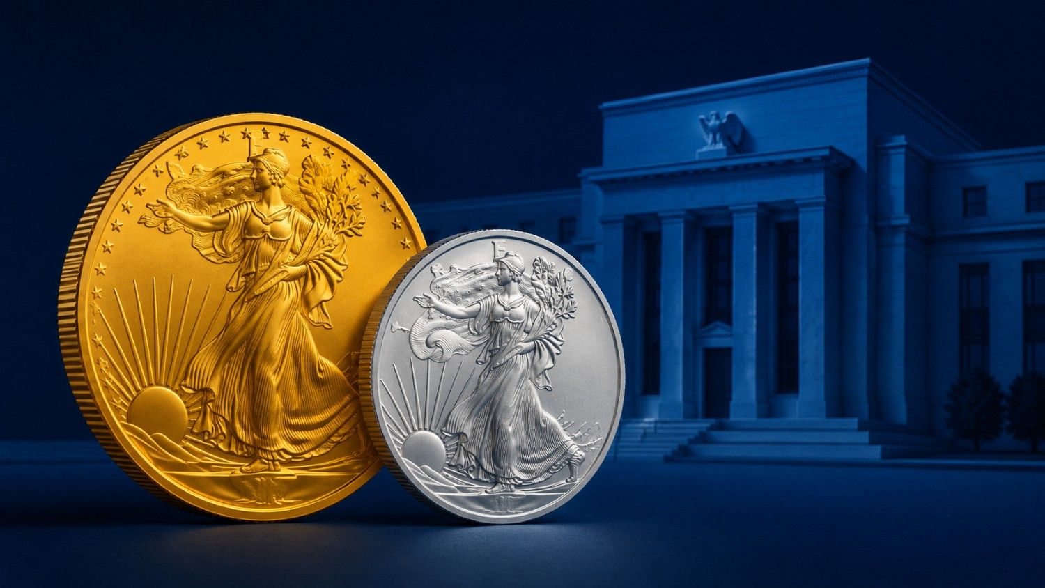 A gold American Eagle coin and a silver American Eagle coin stand side by side against a deep navy blue Federal Reserve building backdrop, representing gold and silver price movements ahead of the FOMC July 2026 rate decision.