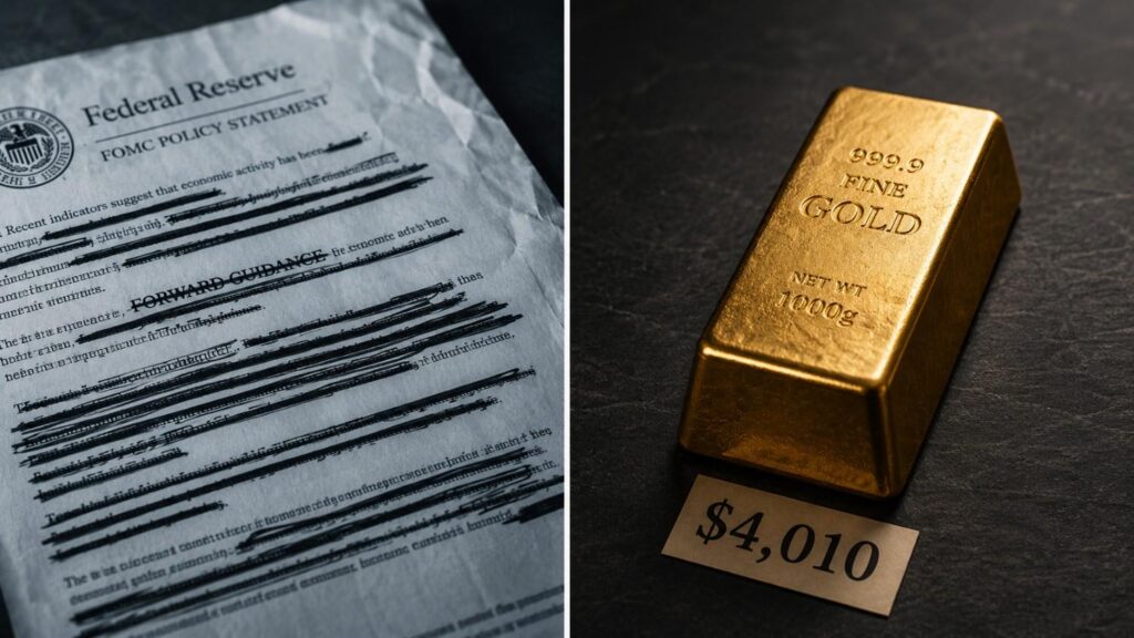 A split-frame editorial image contrasting a Federal Reserve FOMC Policy Statement with large sections of text and the words "FORWARD GUIDANCE" struck through in thick black marker, alongside a 999.9 fine gold bar weighing 1000g resting on a dark slate surface with a price tag reading $4,010 — illustrating how Fed Chair Warsh's elimination of forward guidance leaves gold price Fed policy 2026 driven entirely by hard economic data.