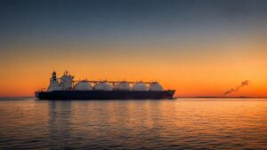 LNG tanker with spherical cargo domes underway at sunset — the Hormuz attack on a Qatari LNG carrier caused the gold price to fall in July 2026