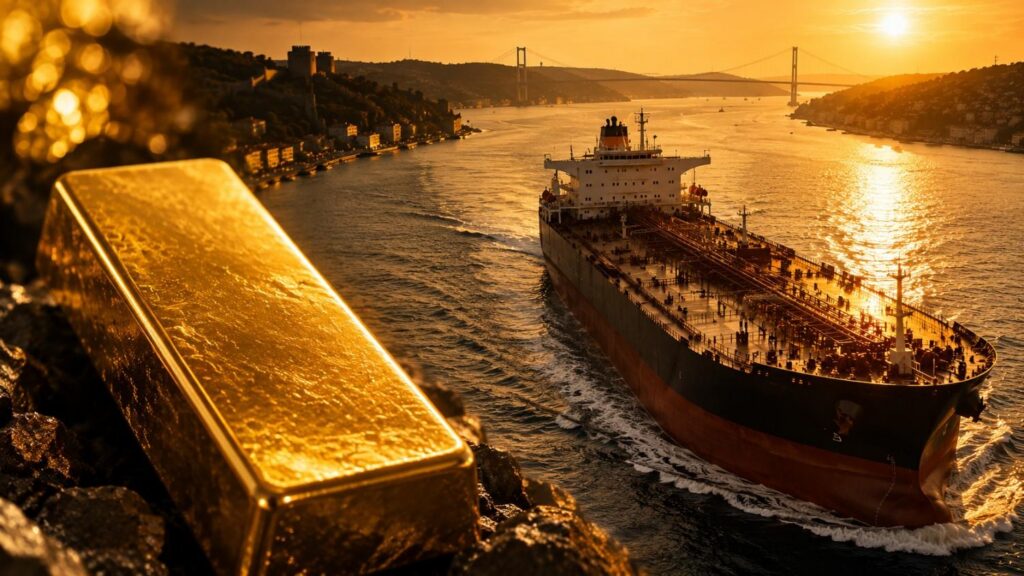 A gold bullion bar resting on dark rocks in the foreground, with an oil tanker transiting a narrow sunlit strait at golden-hour sunset in the background — gold price Hormuz tariff 2026.