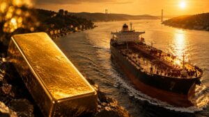 A gold bullion bar resting on dark rocks in the foreground, with an oil tanker transiting a narrow sunlit strait at golden-hour sunset in the background — gold price Hormuz tariff 2026.