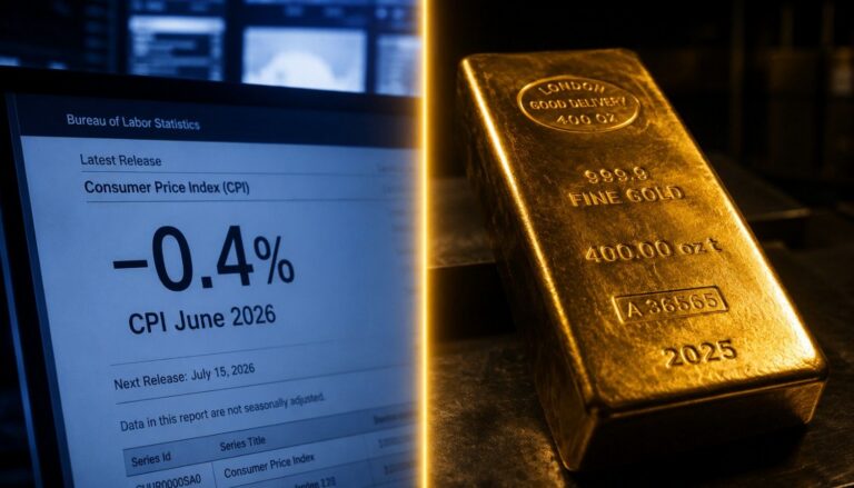 June 2026 CPI report showing negative 0.4 percent alongside a 400oz London Good Delivery gold bar, illustrating gold price reaction to June CPI data
