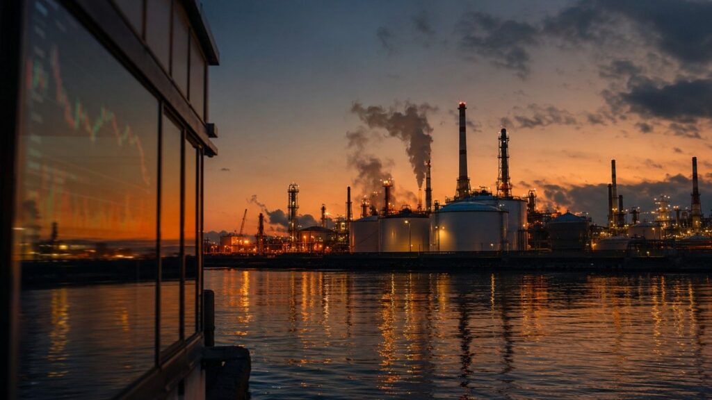 Oil refinery at dusk reflecting financial price chart in glass panel — gold price correction July 2026