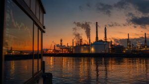 Oil refinery at dusk reflecting financial price chart in glass panel — gold price correction July 2026