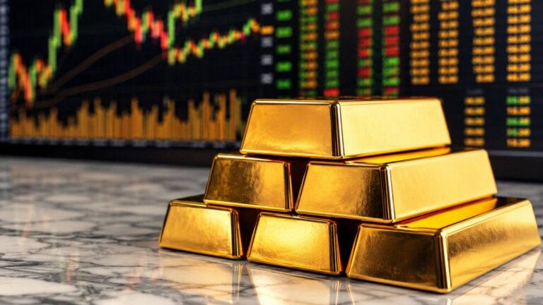 Gold bars stacked on a marble surface with a financial market display in the background, illustrating the WGC gold price forecast for 2026 and the $4,000 support level.