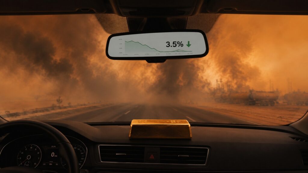 Gold price inflation data 2026 — rearview mirror showing a falling CPI chart at 3.5% while smoke and haze obscure the road ahead, gold bar on the dashboard unmoved
