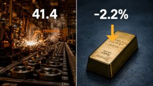 Split-image showing the Philadelphia Fed manufacturing index reading of 41.4 overlaid on an active factory floor with sparks flying, alongside a gold bar with a downward arrow and –2.2% indicating the gold price drop on July 16, 2026.