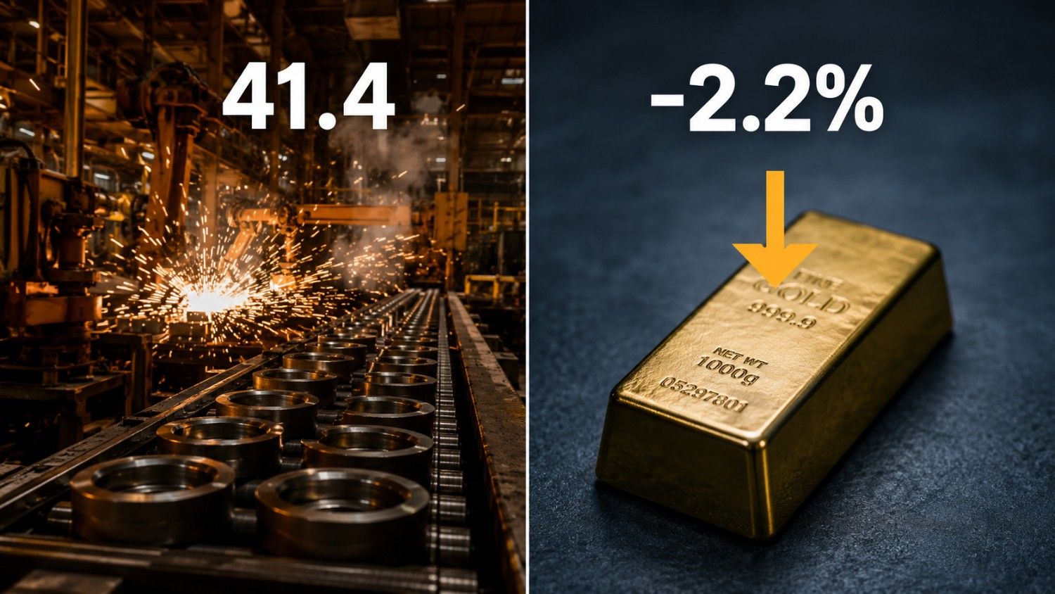 Split-image showing the Philadelphia Fed manufacturing index reading of 41.4 overlaid on an active factory floor with sparks flying, alongside a gold bar with a downward arrow and –2.2% indicating the gold price drop on July 16, 2026.